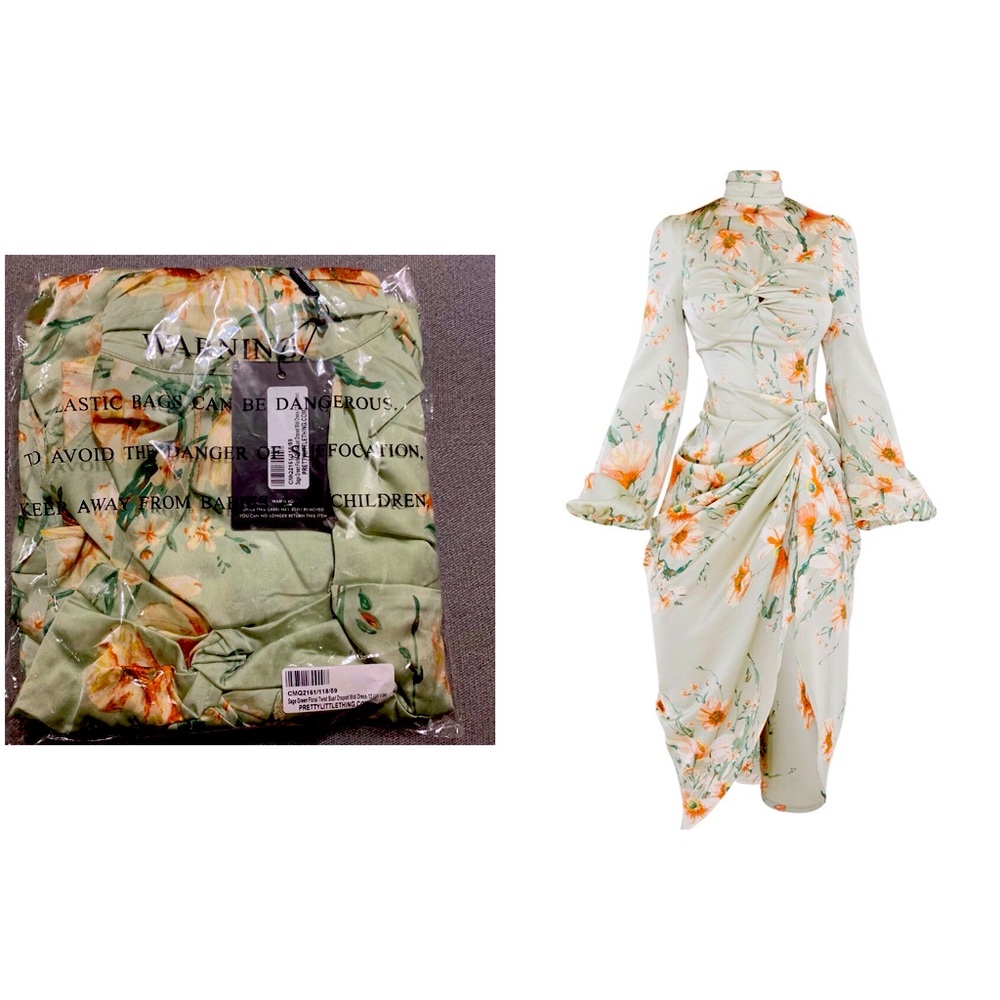 Sage Green Floral Twist Bust Draped Midi Dress